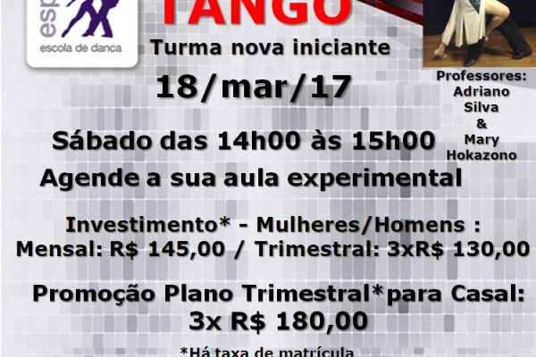 Tango – Turma nova iniciante – sáb. 18/3/17 das 14h00 às 15h00